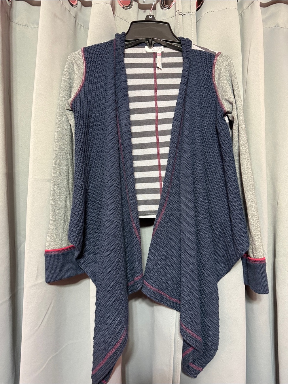 Girls Navy Open-Front Draped Cardigan with Gray Sleeves